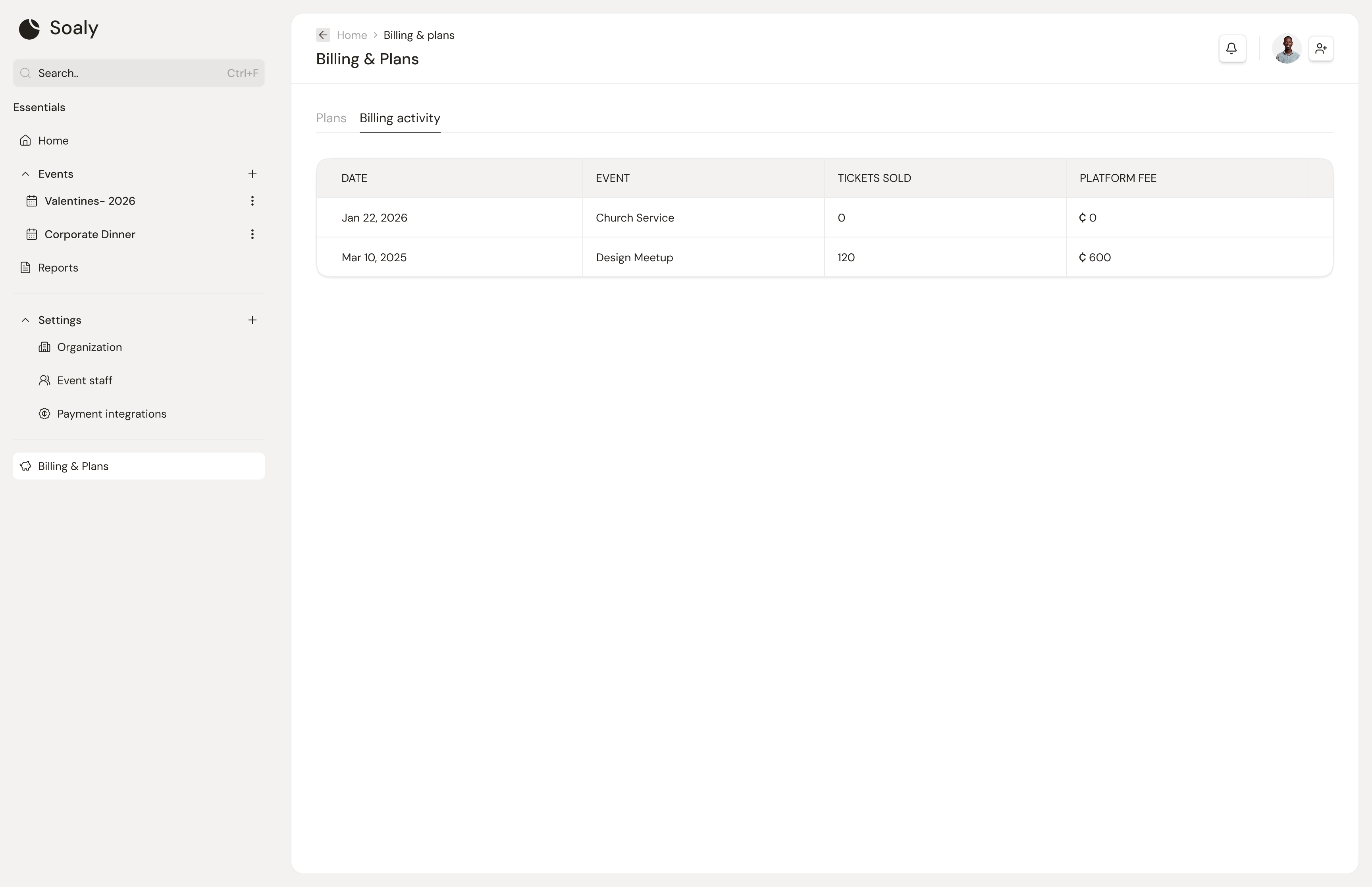 Billing activity and invoices