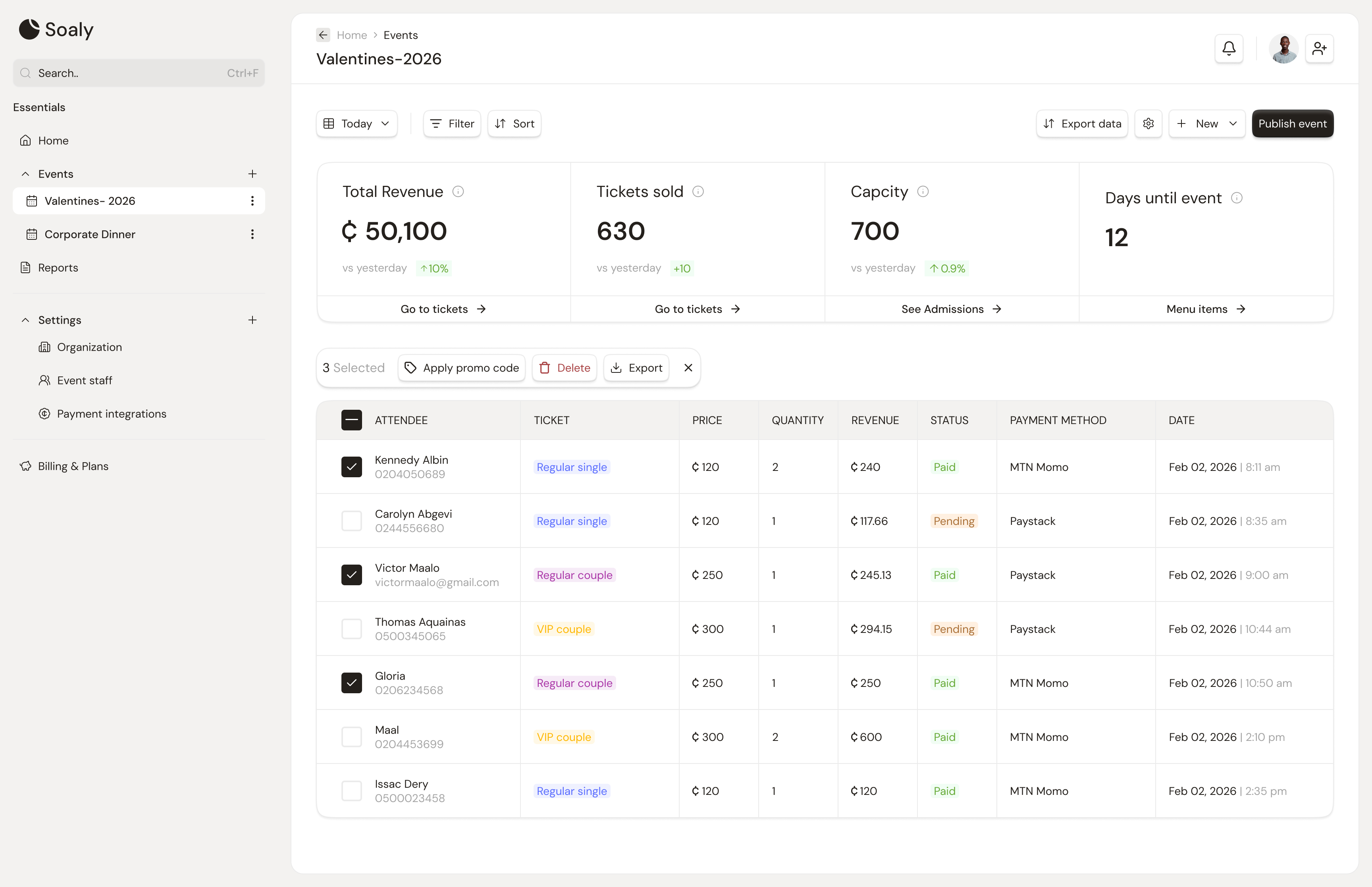 Bookings selected for a bulk action