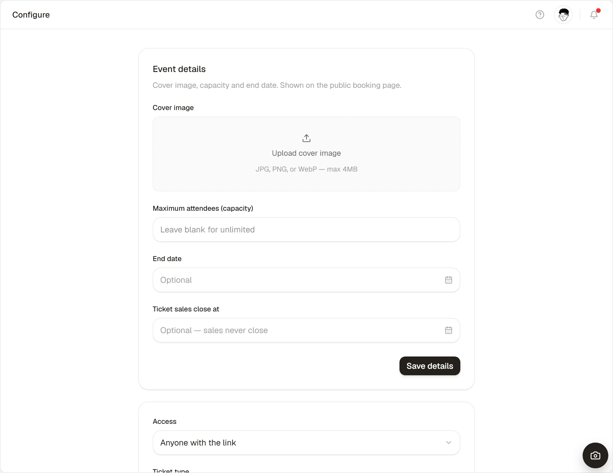 Configuring an in-person event