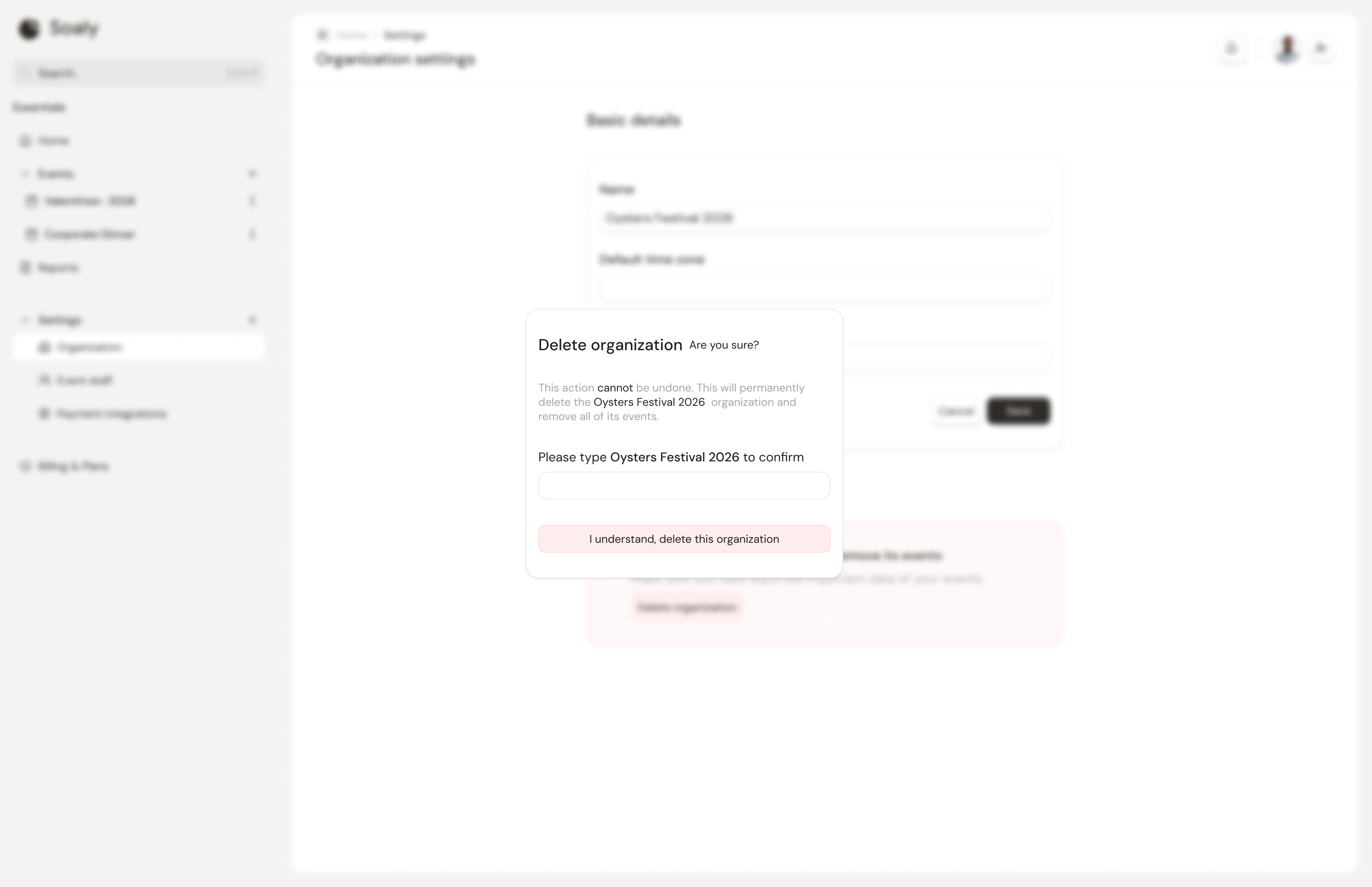The delete-organization confirmation