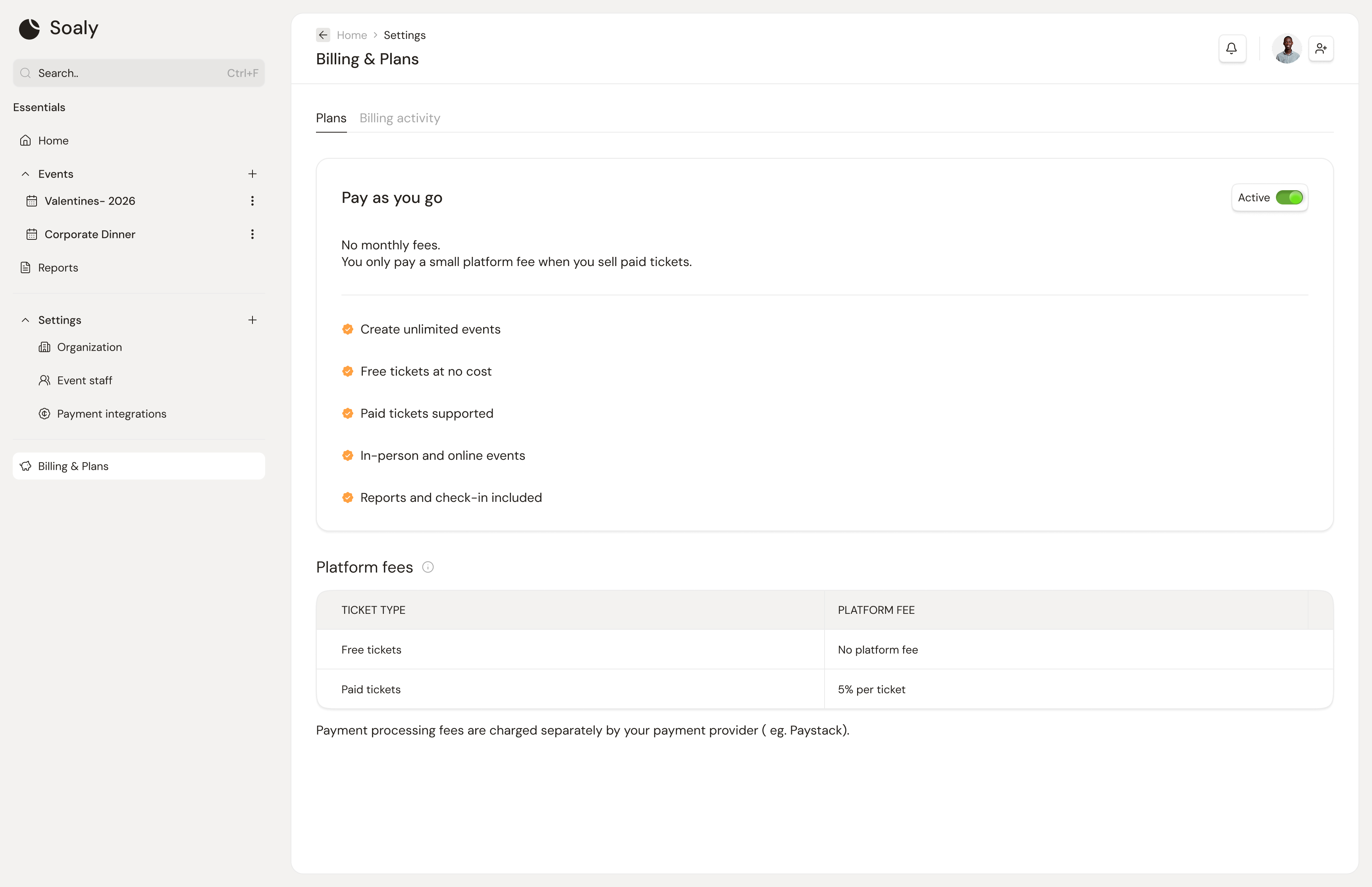 The plans screen